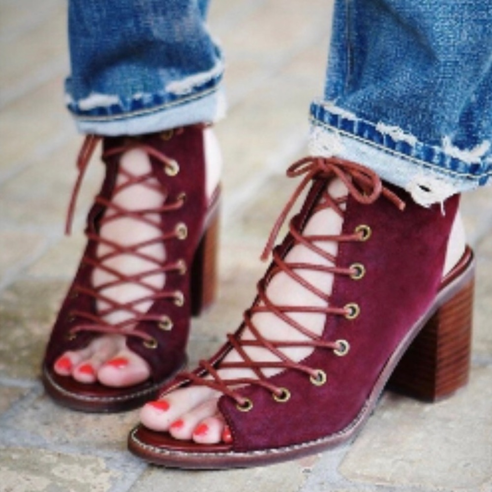 Jeffery Campbell & Free People suede lace up open toe heels size 6